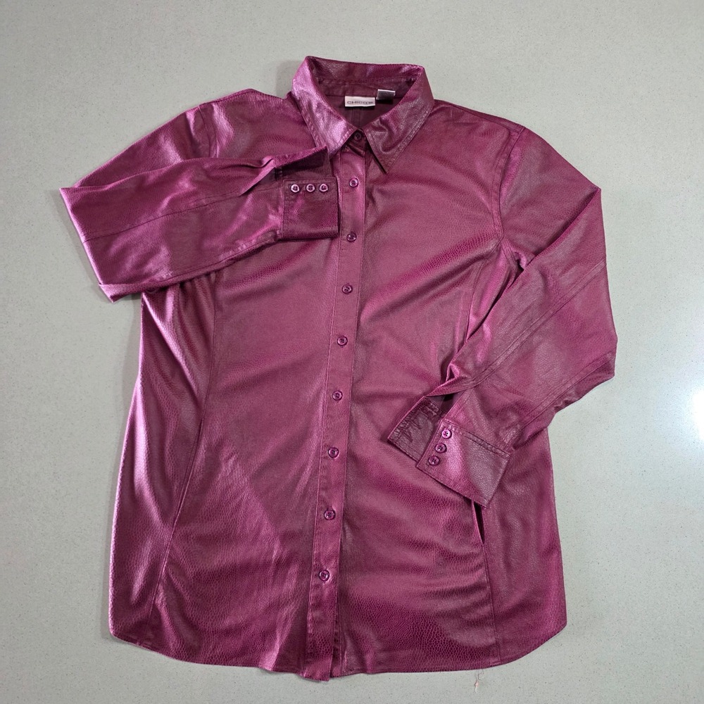 Chicos Plum Burgundy Faux Leather Snakeskin Embossed Button Down Shirt Size 2